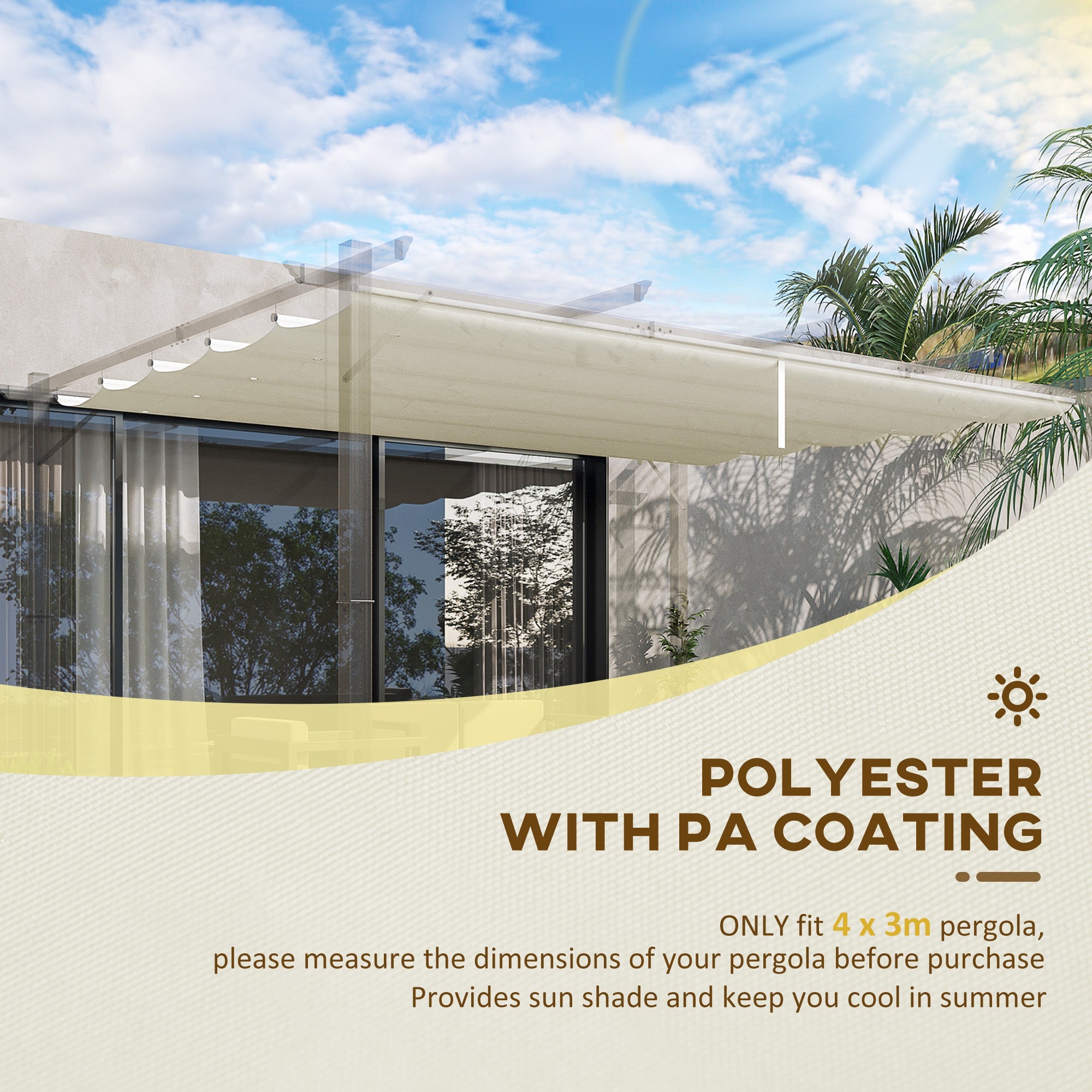 Outsunny Retractable Pergola Shade Cover, Replacement Canopy for 4 x 3 (m) Pergola, Retractable Roof, Cream White 