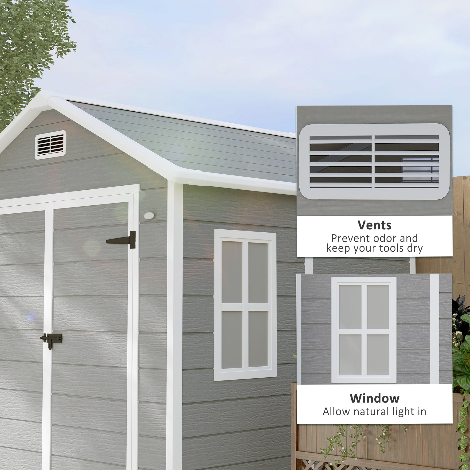 Outsunny 6 x 5ft Garden Shed, Plastic Shed with Floor, Window, Lockable Doors and Vents, Wood Effect Resin Tool Shed for Outdoor Patio, Dark Grey 