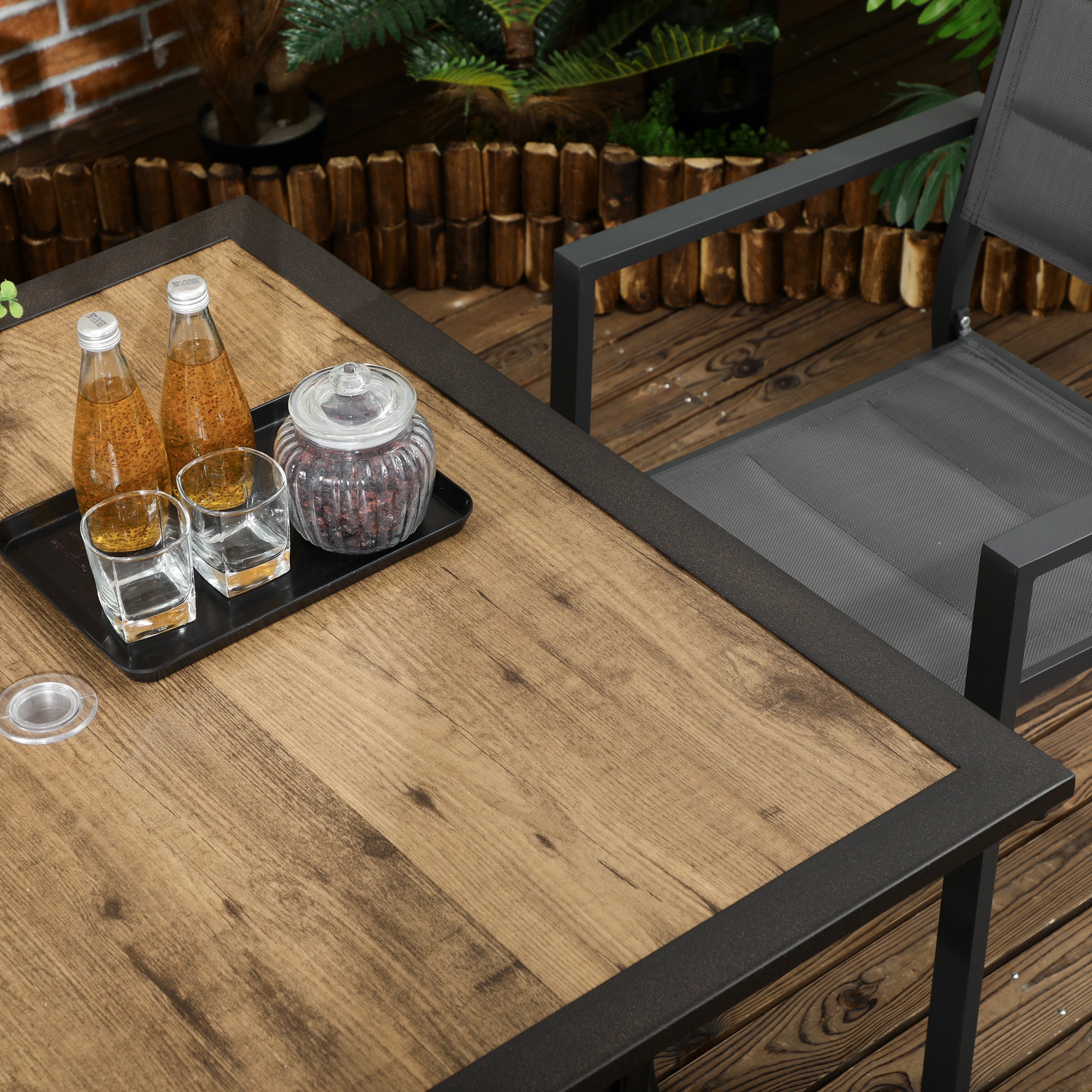 Outsunny Outdoor Garden Table Dining Table for 4 with Parasol Hole, Stone-Grain Effect PC Board Top for Patio, Garden, Brown 