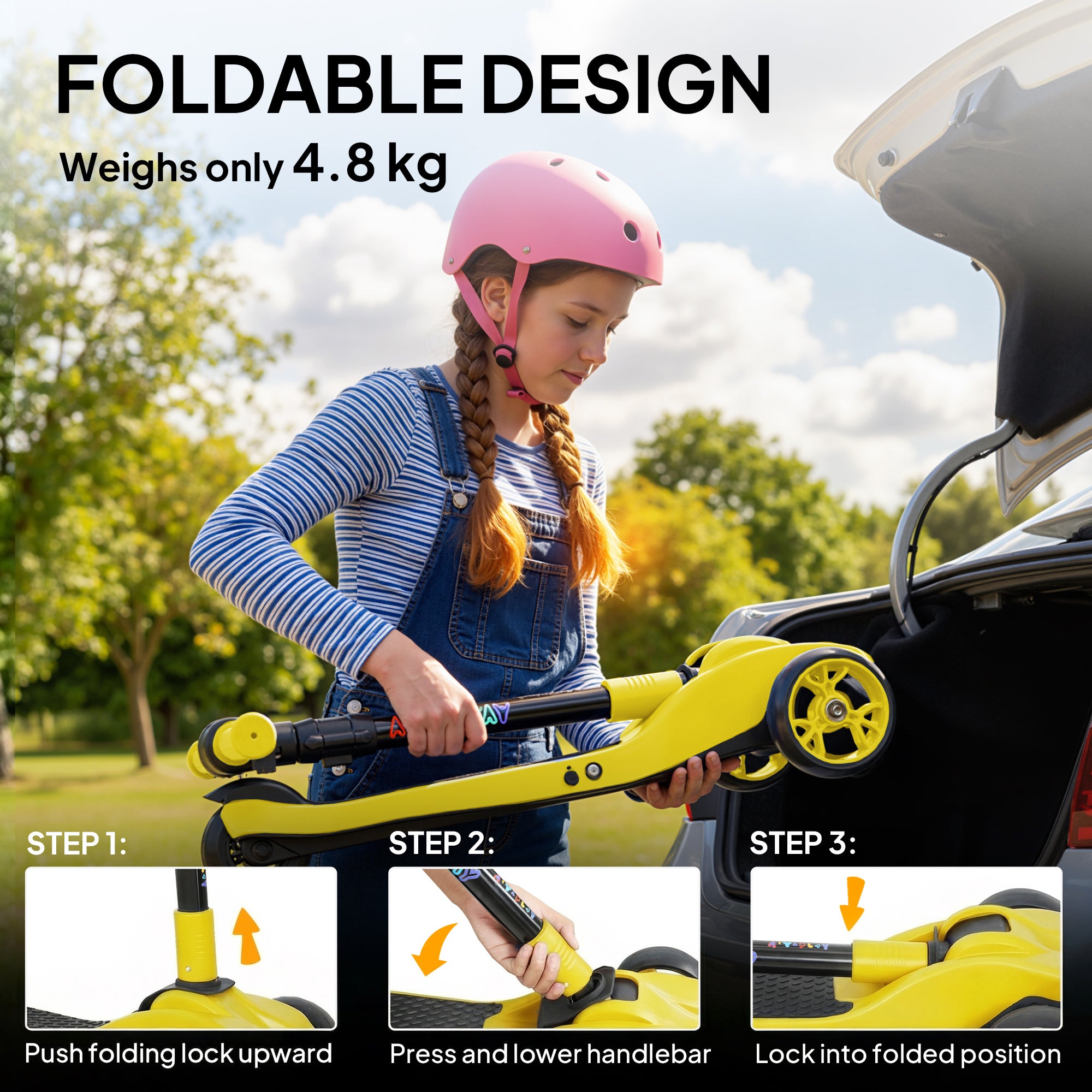 AIYAPLAY Three-Wheel Foldable Electric Scooter for Kids Aged 6-10 Years, Yellow 