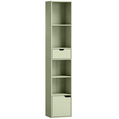HOMCOM 6-Tier Bookcase, Tall Narrow Bookshelf with Drawer and Door - Green