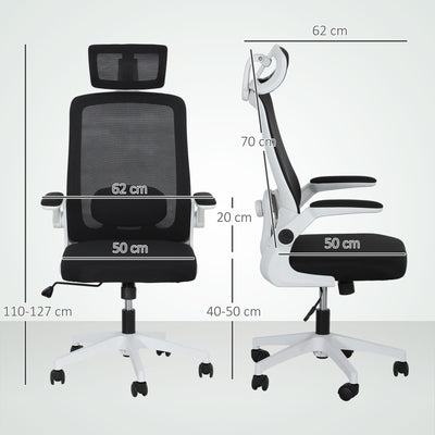 HOMCOM Executive Office Chair, Ergonomic Mesh High Back Desk Chair with Flip-up Armrest, Adjustable Lumbar Support, Rotatable Headrest, Black 