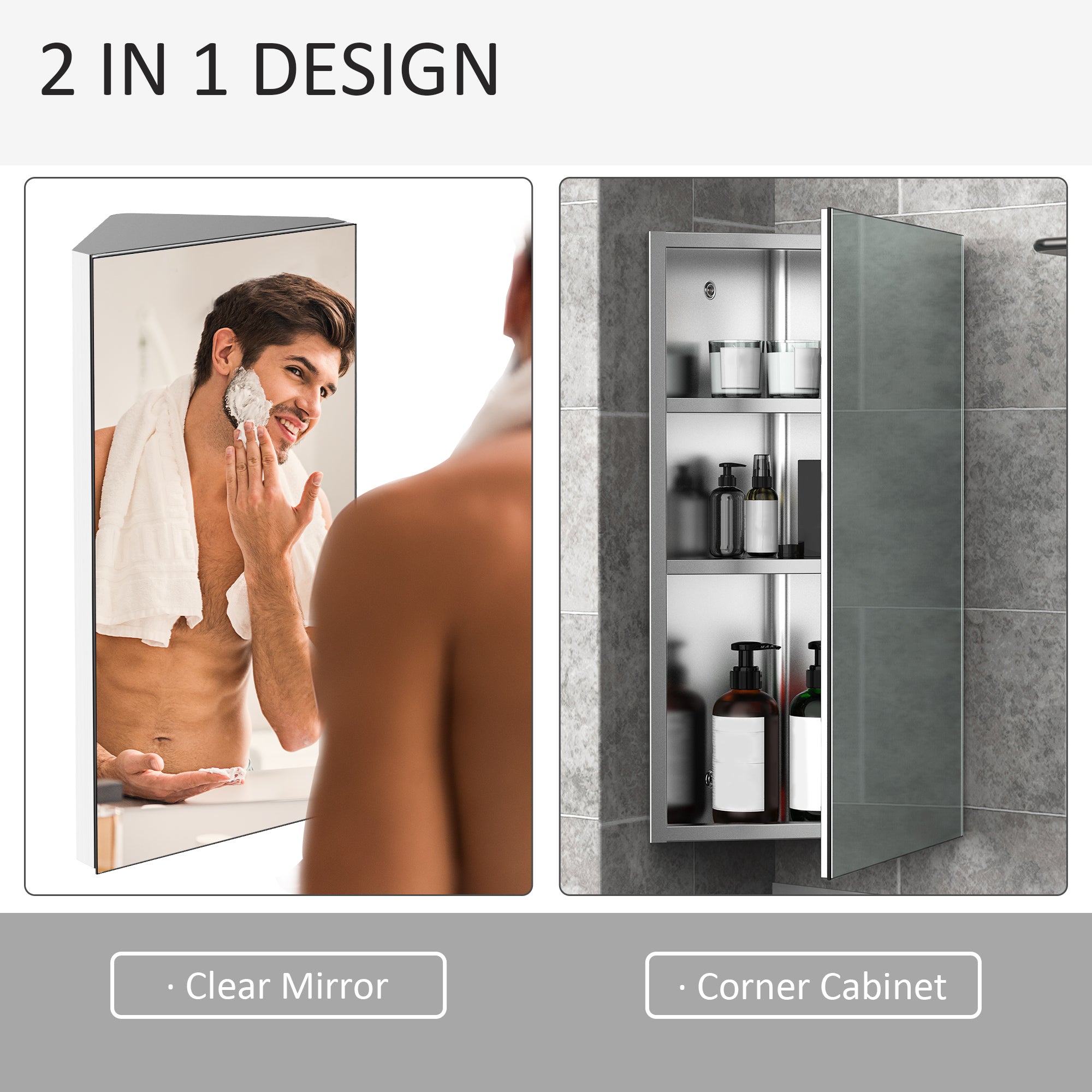 HOMCOM Stainless Steel Wall mounted Bathroom Corner Mirror Storage Cabinet Single Door 300mm (W) 