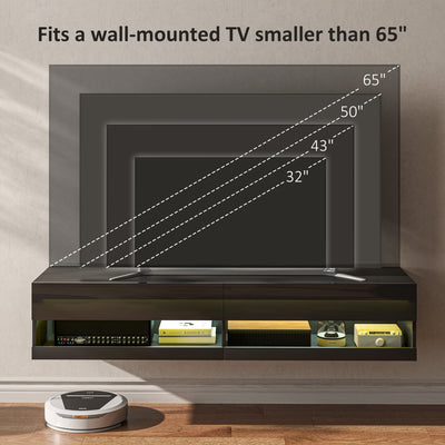 HOMCOM Floating TV Unit, Wall Mounted TV Cabinet for TVs up to 65", High Gloss Media Wall Unit with LED Lights, Storage Shelves for Living Entertainment Room, Black 