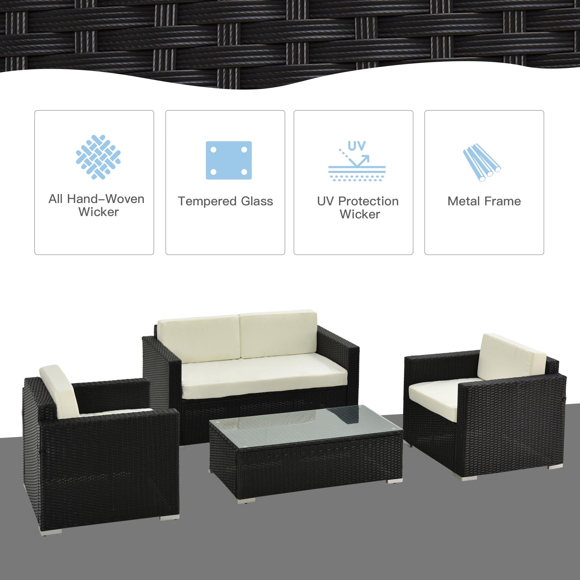 Outsunny 4-Seater Rattan Sofa Set Garden Rattan Furniture Wicker Steel Chair Seat Furniture Patio Rattan Garden Sofa Black 