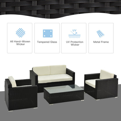 Outsunny 4-Seater Rattan Sofa Set Garden Rattan Furniture Wicker Steel Chair Seat Furniture Patio Rattan Garden Sofa Black 