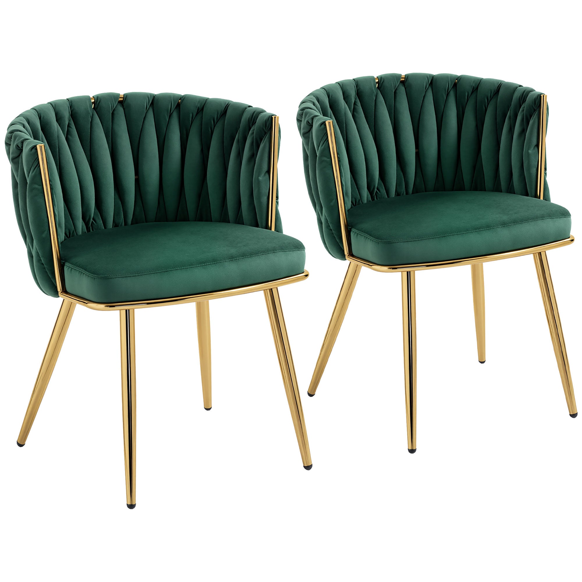 HOMCOM Velvet-Feel Dining Chairs Set of 2, Modern Upholstered Armchair with Knot Design and Golden Metal Legs, Accent Chair for Dining Room, Bedroom, Kitchen, Living Room, Dark Green 