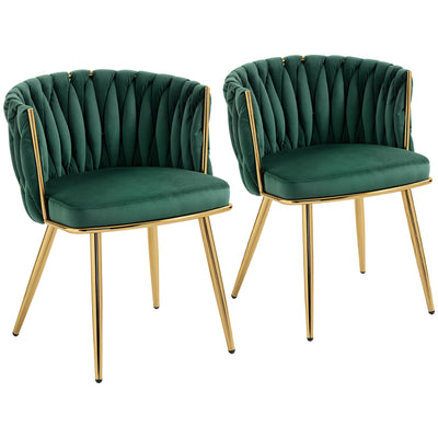 HOMCOM Velvet-Feel Dining Chairs Set of 2, Modern Upholstered Armchair with Knot Design and Golden Metal Legs, Accent Chair for Dining Room, Bedroom, Kitchen, Living Room, Dark Green 