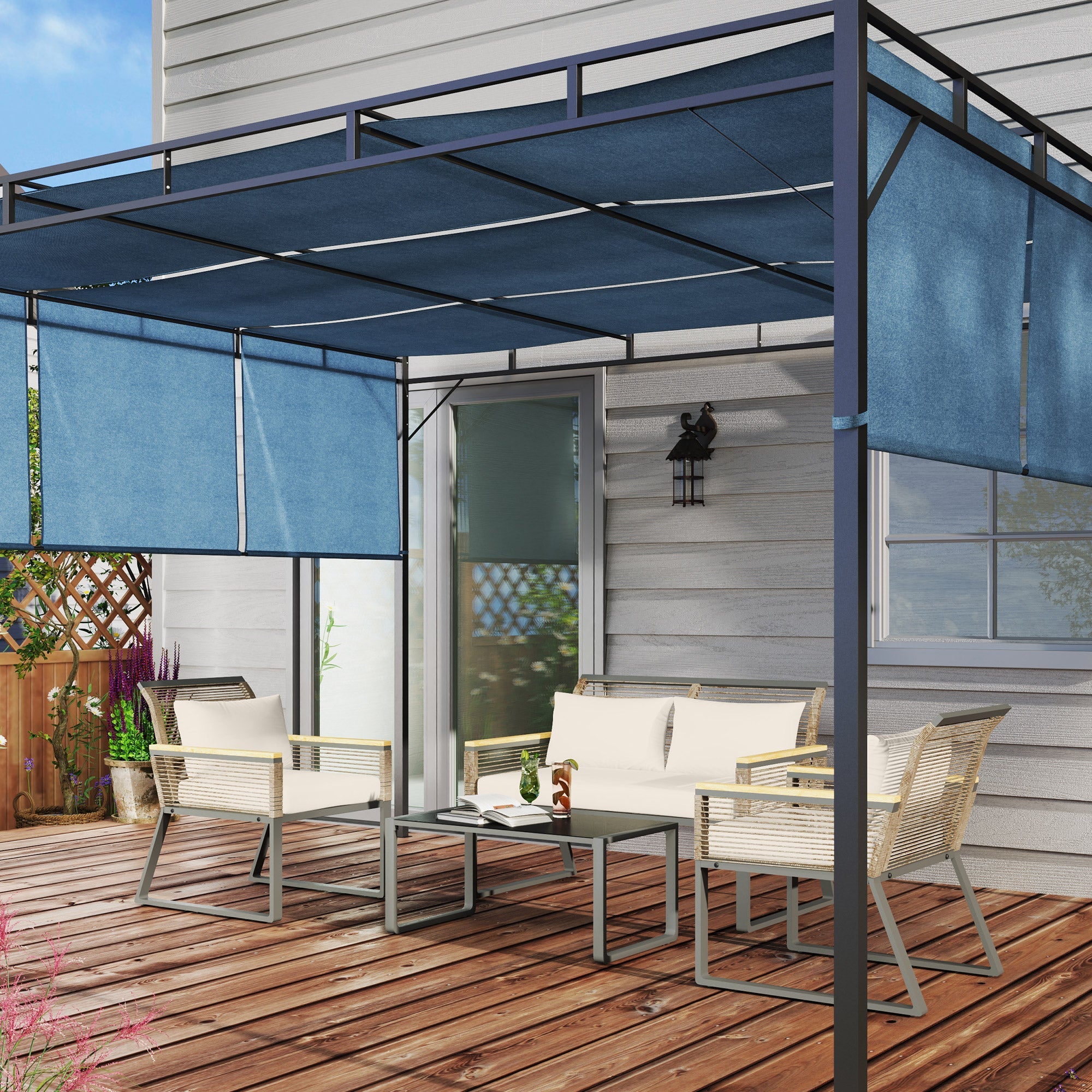 Outsunny Four Piece Wicker Rope Garden Furniture Set with Glass Top Coffee Table - Grey 