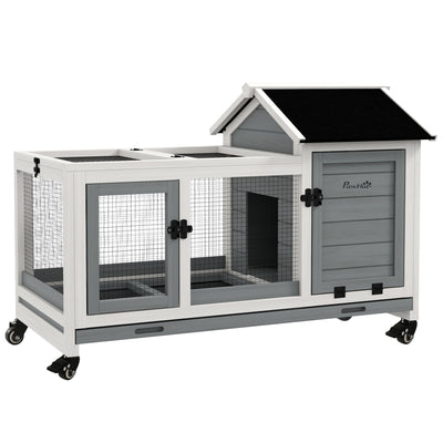 PawHut Wooden Rabbit Hutch, Guinea Pig Cage, with Removable Tray, Wheels - Grey 
