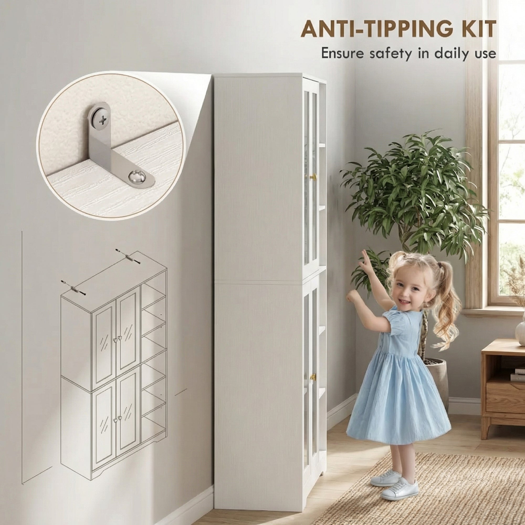 HOMCOM Multi-Storage Kitchen Cabinet, with Glass Doors - White Wood-Effect 