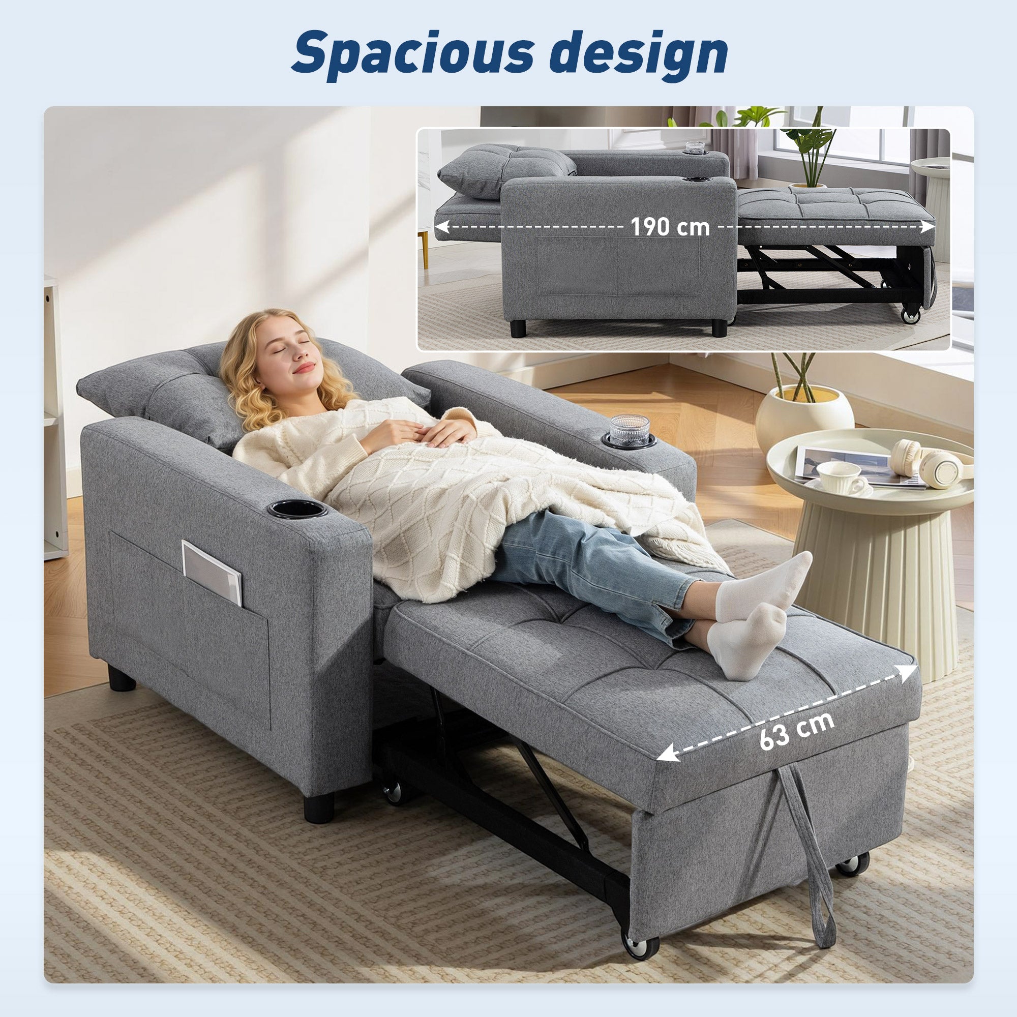 HOMCOM 3-in-1 Single Sofa Bed, Convertible Sleeper Chair Bed - Dark Grey 