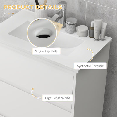 kleankin 600mm Bathroom Vanity Unit with Basin and Single Tap Hole, High Gloss White Floor Standing Bathroom Sink Unit with 2 Drawers 