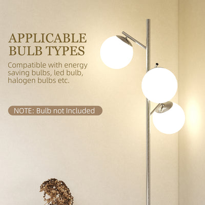 HOMCOM 3-Light Tree Floor Lamps for Living Room, Modern Standing Lamp for Bedroom with Globe Lampshade, 3000K/4000K/6000K Colour Temperatures, Steel Base, Silver Tone 