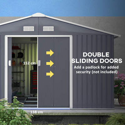 Outsunny 13 x 11ft Metal Garden Shed, Outdoor Storage Tool House with Ventilation Slots, Foundation Kit and Lockable Double Doors, Grey 