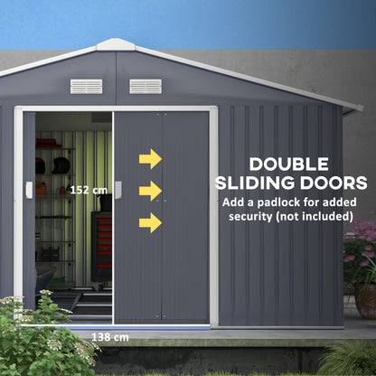 Outsunny 13 x 11ft Metal Garden Shed, Outdoor Storage Tool House with Ventilation Slots, Foundation Kit and Lockable Double Doors, Grey 