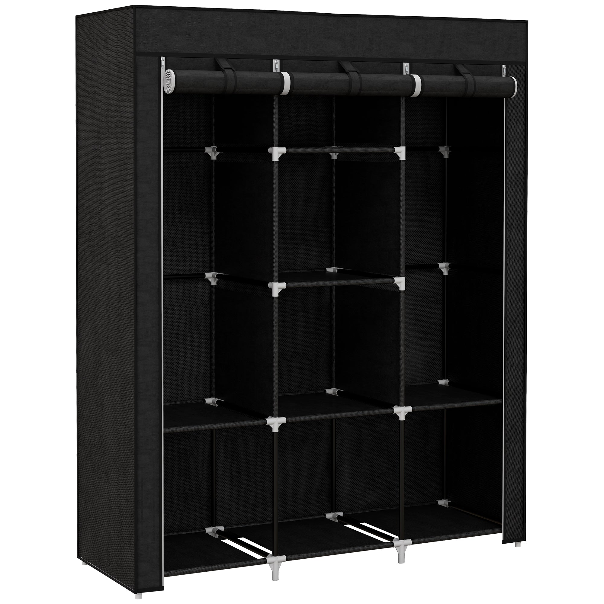 HOMCOM Fabric Wardrobe, Portable Wardrobe, Clothes Storage Unit with 8 Shelves, 2 Hanging Rods, 125 x 43 x 162.5 cm, Black 