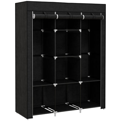 HOMCOM Fabric Wardrobe, Portable Wardrobe, Clothes Storage Unit with 8 Shelves, 2 Hanging Rods, 125 x 43 x 162.5 cm, Black 