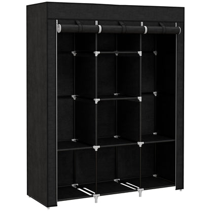 HOMCOM Fabric Wardrobe, Portable Wardrobe, Clothes Storage Unit with 8 Shelves, 2 Hanging Rods, 125 x 43 x 162.5 cm, Black 