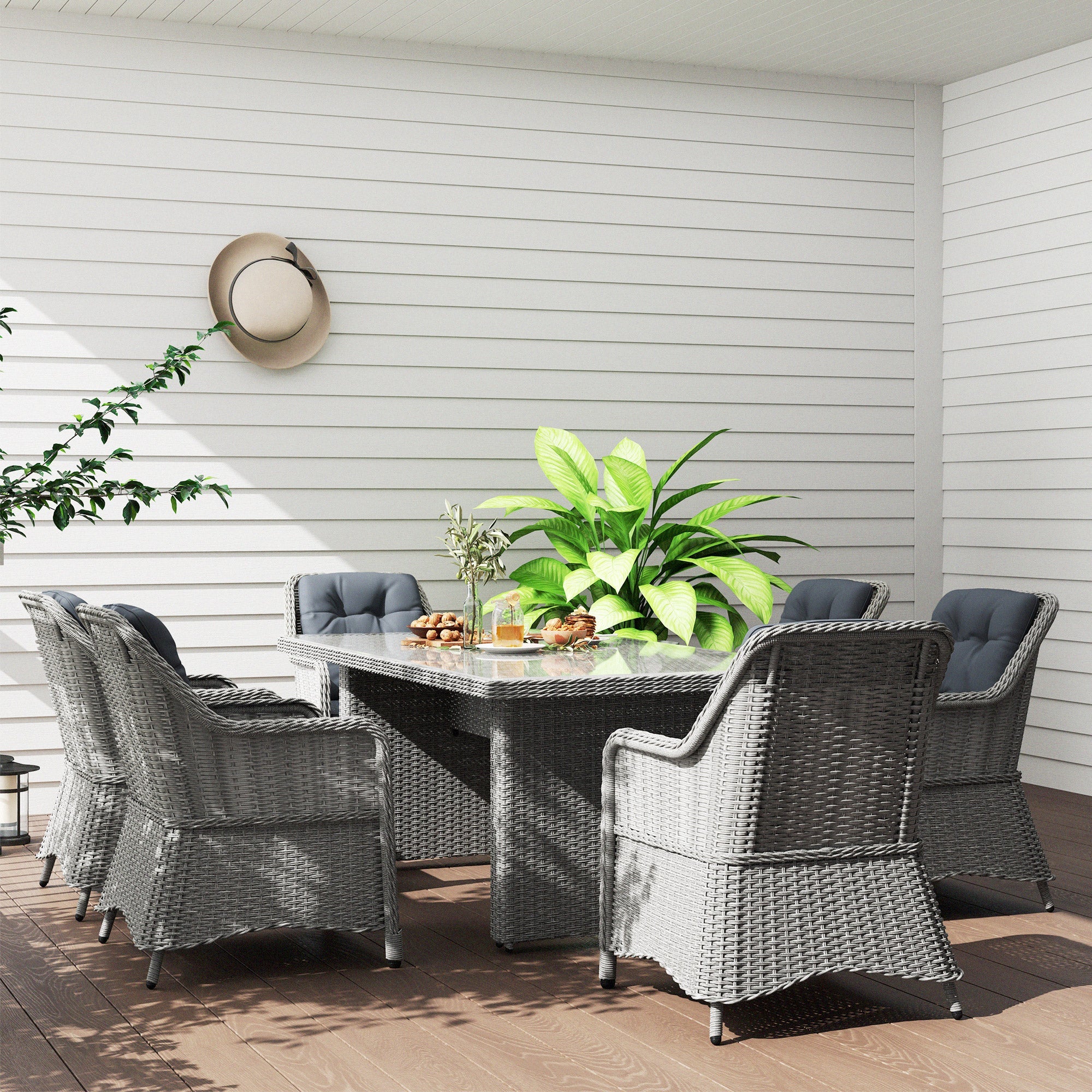 Outsunny 6 Seater Rattan Dining Set, Round PE Rattan Garden Furniture Set with Seat and Back Cushions, Aluminium Outdoor Dining Table and Chairs with 6 Armchairs, Rectangular Glass Top Table, Grey 
