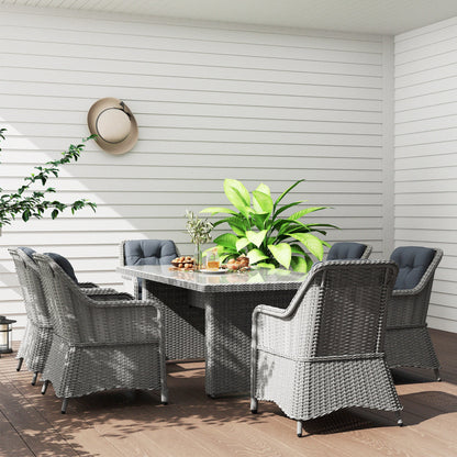 Outsunny 6 Seater Rattan Dining Set, Round PE Rattan Garden Furniture Set with Seat and Back Cushions, Aluminium Outdoor Dining Table and Chairs with 6 Armchairs, Rectangular Glass Top Table, Grey 