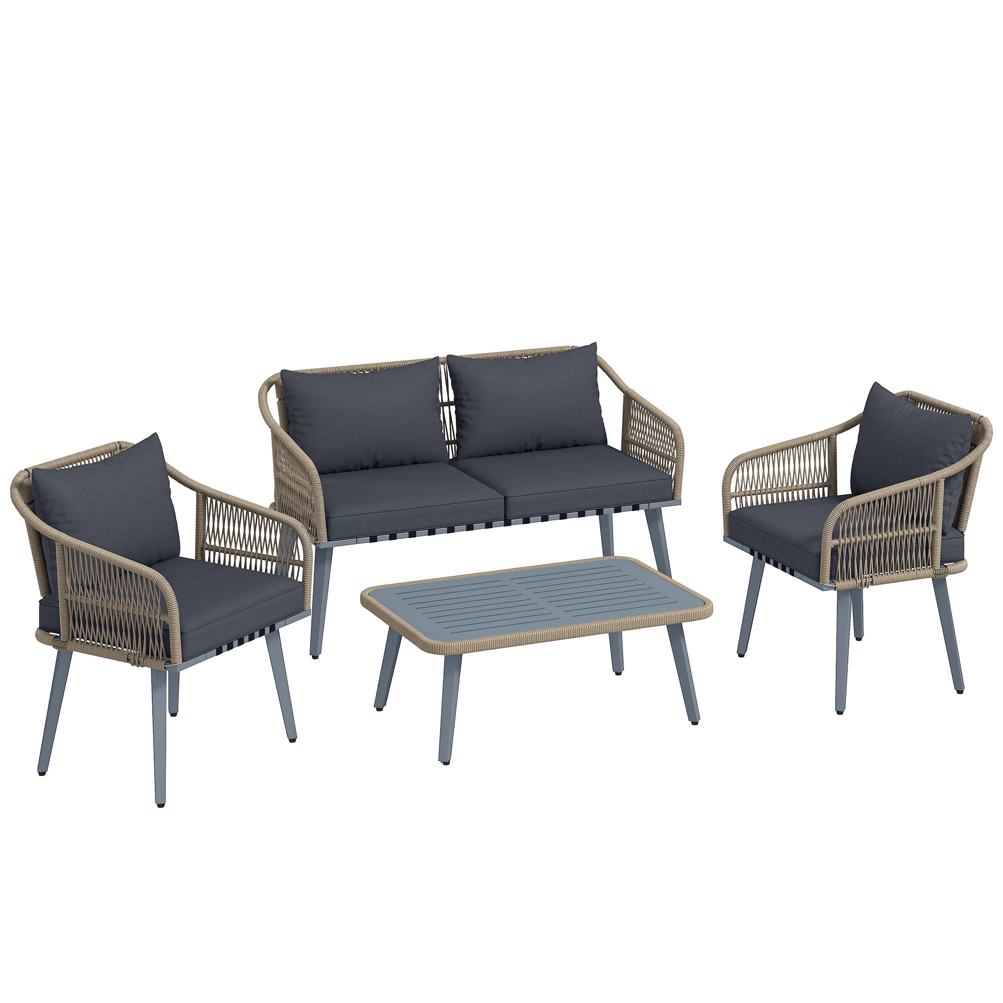 Outsunny 4 Piece Rattan Garden Furniture Set with Loveseat, Armchairs, Wood Table, Wicker Patio Conversation Set, Grey 