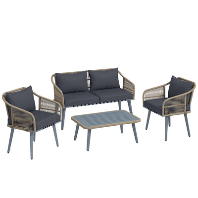 Outsunny 4 Piece Rattan Garden Furniture Set with Loveseat, Armchairs, Wood Table, Wicker Patio Conversation Set, Grey 