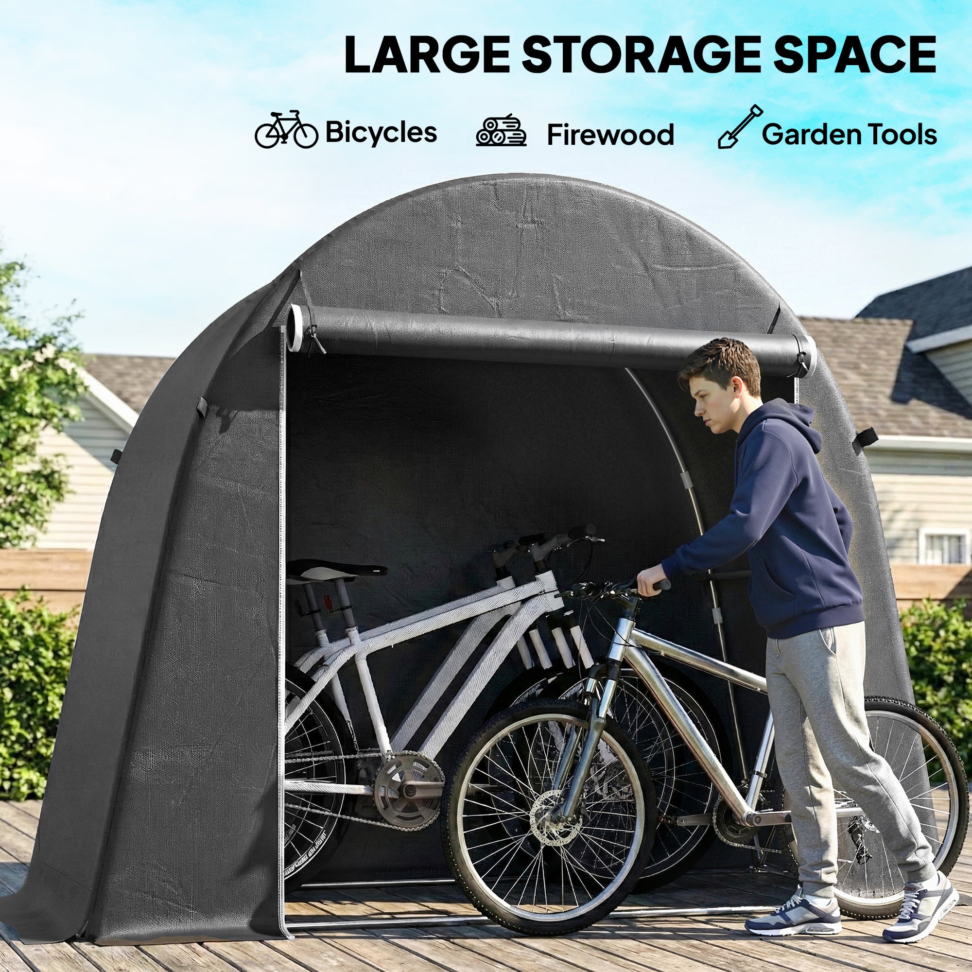 Outsunny 8 x 4 ft Garden Storage Tent, Waterproof Bike Tent with Roll-up Zipper Door and Galvanised Metal Frame, Dark Grey 