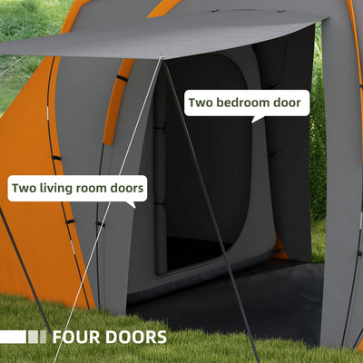 Outsunny Large Camping Tent Tunnel Tent with 2 Bedroom and Living Area, 2000mm Waterproof, Portable with Bag for 4-6 Man, Orange 