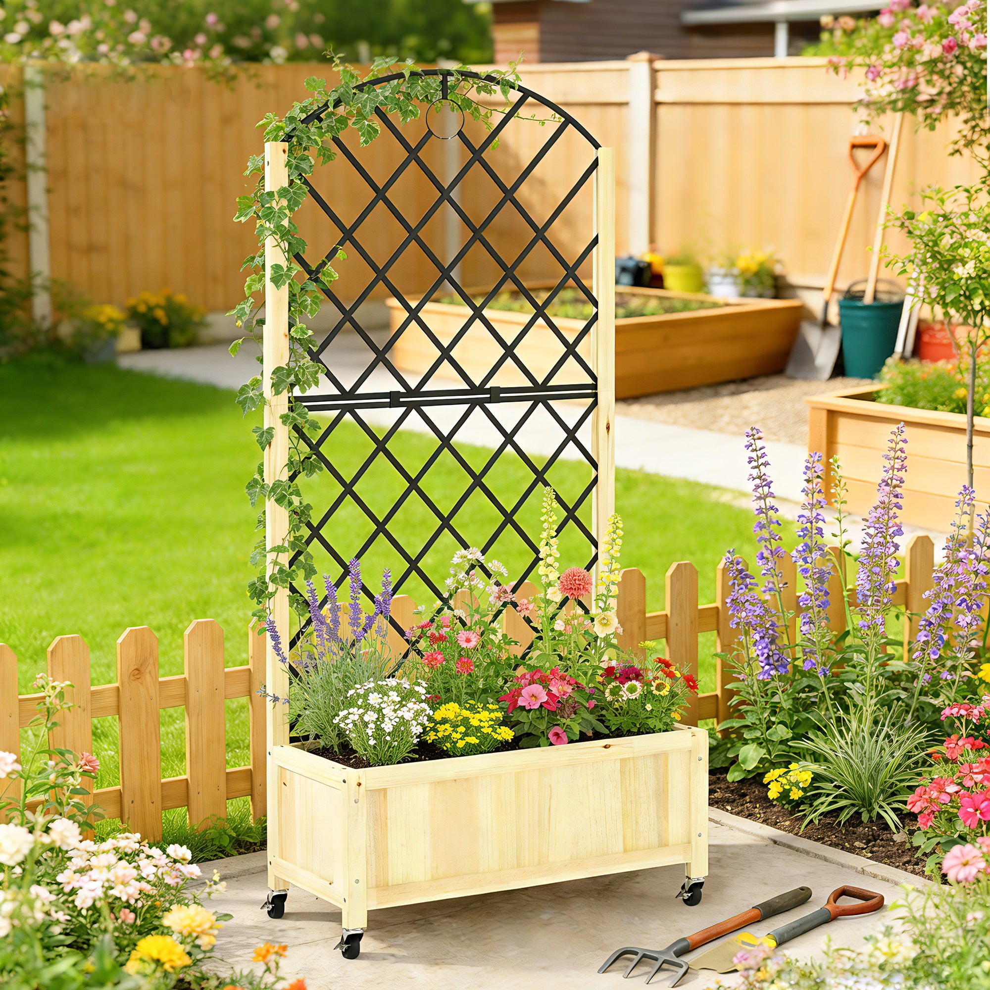 Outsunny Raised Garden Bed with Metal Trellis, Wooden Elevated Planter Box with Lockable Wheels, Outdoor Raised Planter, Natural 