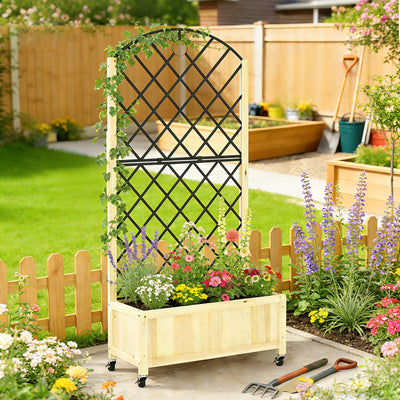 Outsunny Raised Garden Bed with Metal Trellis, Wooden Elevated Planter Box with Lockable Wheels, Outdoor Raised Planter, Natural 