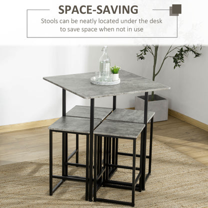 HOMCOM 5pc Bar Table Set, Square Dining Table Set for 4 People, Home Kitchen Breakfast Bar Set with Steel Frame and Footrest, Concrete Grey 