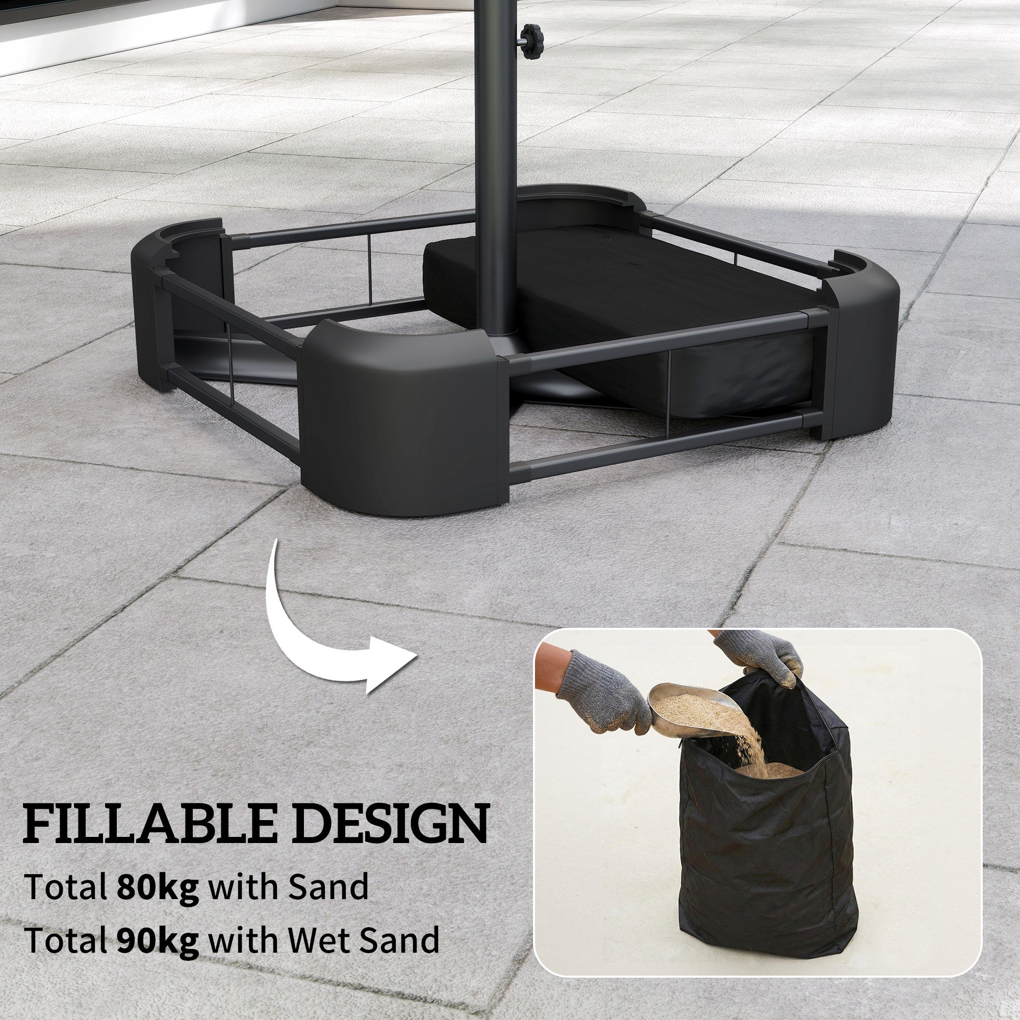 Outsunny Garden Parasol Base 80 kg Sand Filled Heavy Duty Stand for Cantilever Umbrellas and 48 mm Poles Black 