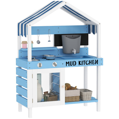 AIYAPLAY Kids Mud Kitchen Outdoor with Stoves, Sink, Faucet, Storage Shelves, Cookware Accessories for Boys Girls, Blue 