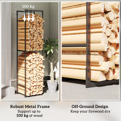 Outsunny Metal Firewood Log Holder, Heavy Duty Firewood Rack with Adjustable Shelf, Indoor Outdoor Fireplace Wood Storage Shelf, 45 x 31 x 170 cm, Black 