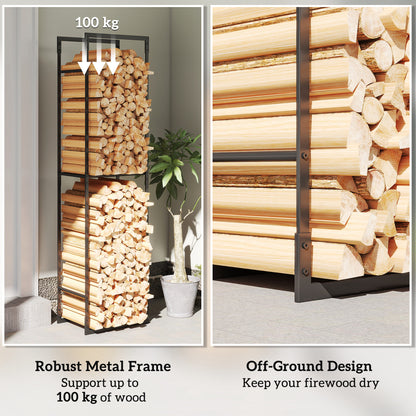 Outsunny Metal Firewood Log Holder, Heavy Duty Firewood Rack with Adjustable Shelf, Indoor Outdoor Fireplace Wood Storage Shelf, 45 x 31 x 170 cm, Black