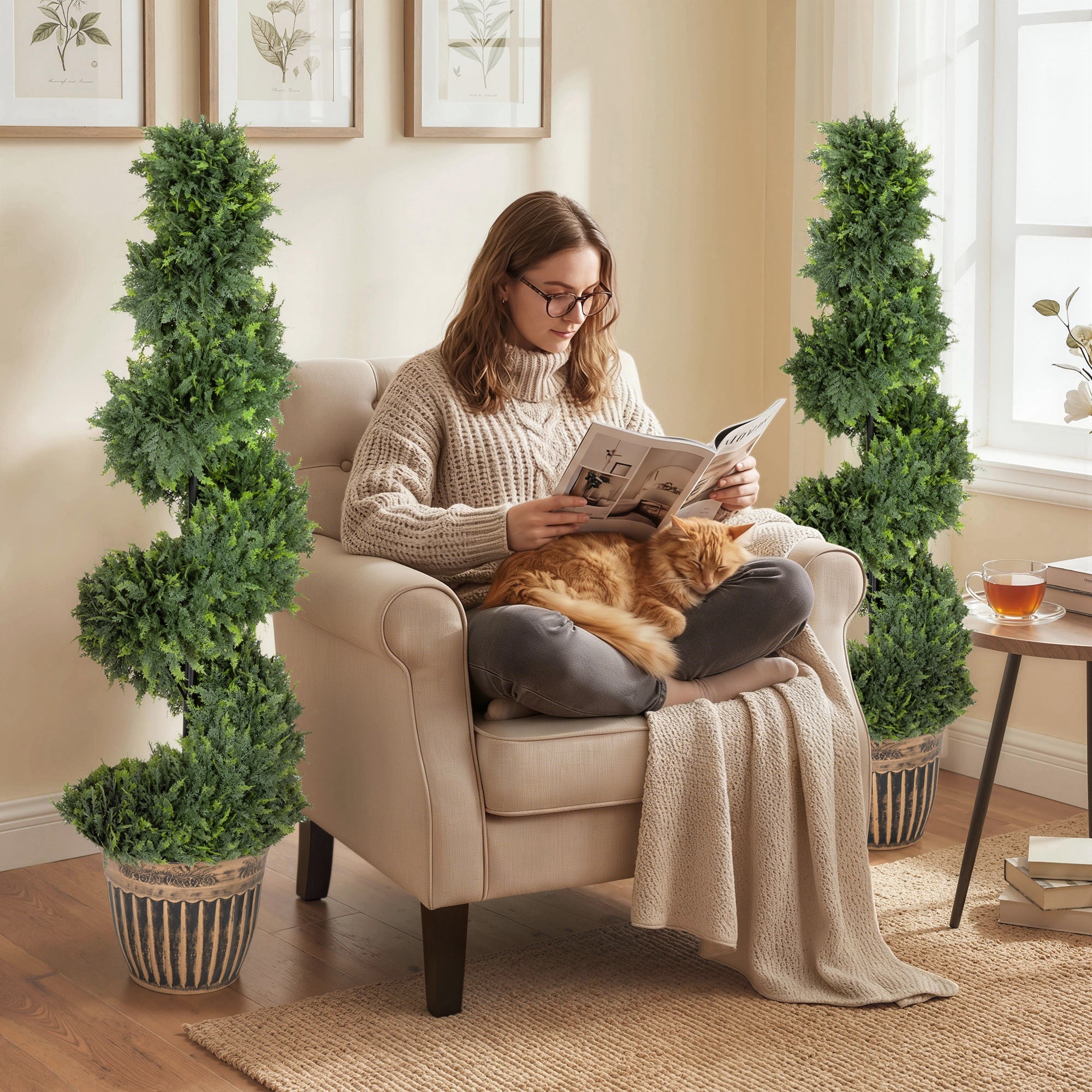 HOMCOM Set of 2 Artificial Plants, Topiary Spiral Cypressd Trees with Pot, for Home Indoor Outdoor Decor, 120cm 