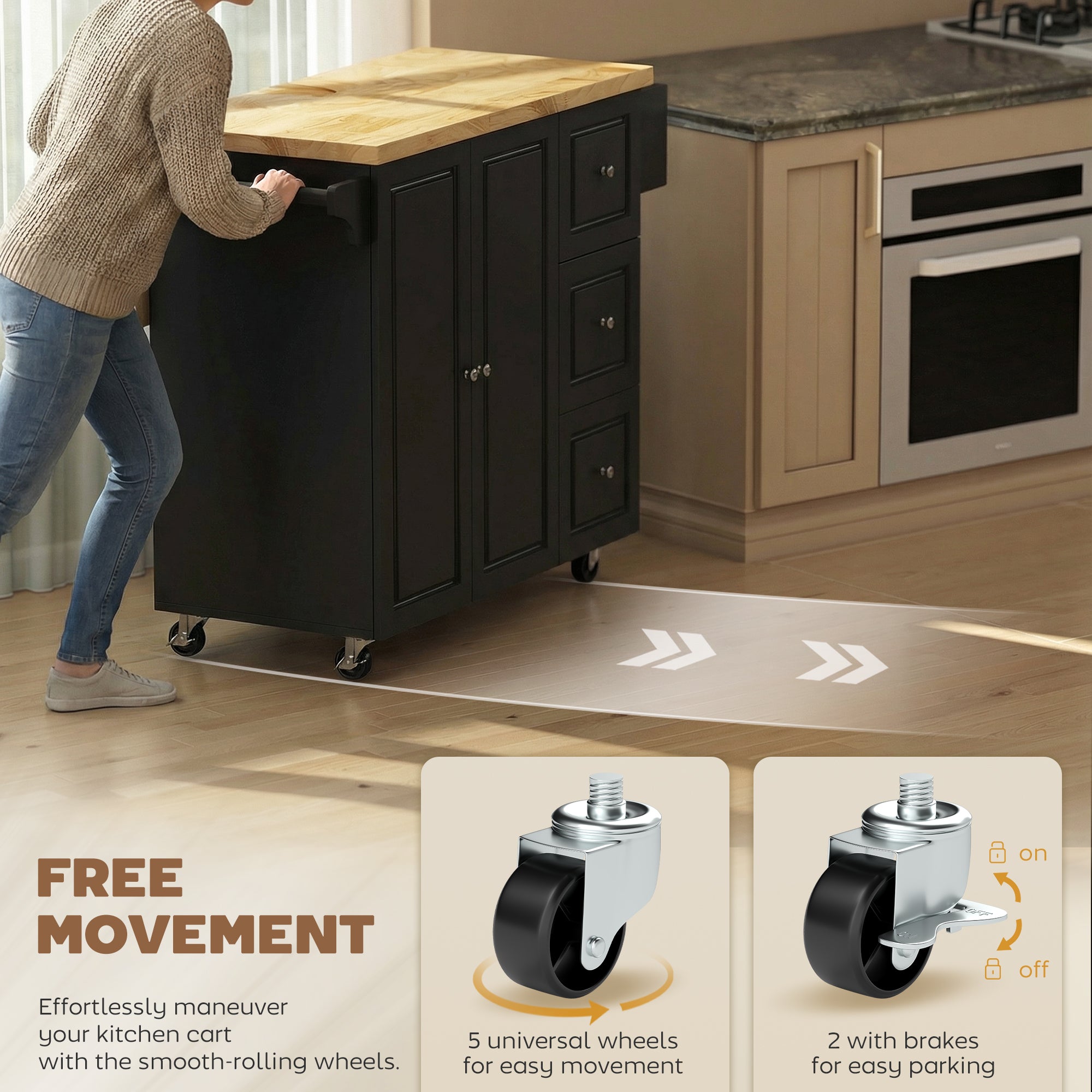 HOMCOM Kitchen Island on Wheels, Rolling Kitchen Storage Trolley with Drop Leaf, Drawers, Towel and Spice Rack, Black 
