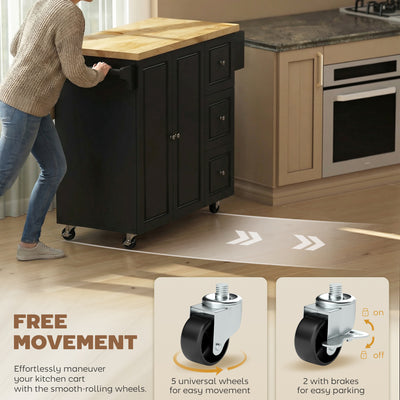 HOMCOM Kitchen Island on Wheels, Rolling Kitchen Storage Trolley with Drop Leaf, Drawers, Towel and Spice Rack, Black 