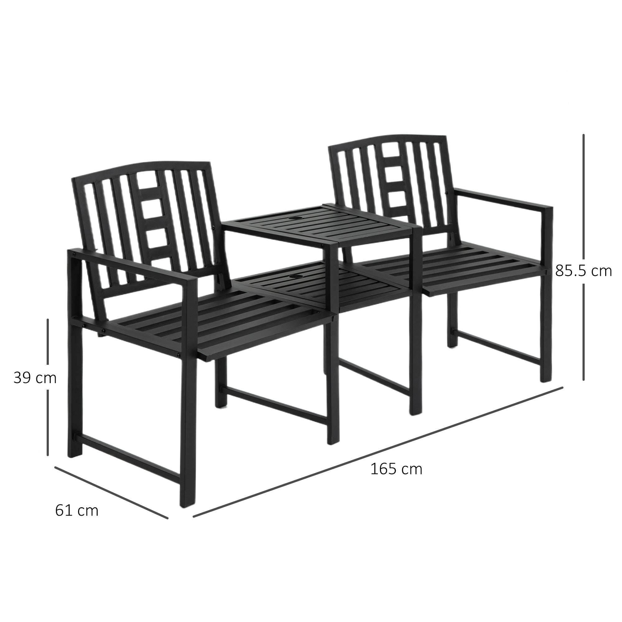 Outsunny 2 Seat Garden Chair Bench Loveseats Jack and Jill Seat w/Coffee Table Slatted Design Patio Yard 