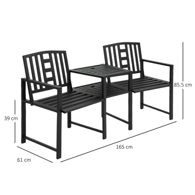 Outsunny 2 Seat Garden Chair Bench Loveseats Jack and Jill Seat w/Coffee Table Slatted Design Patio Yard 