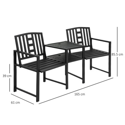 Outsunny 2 Seat Garden Chair Bench Loveseats Jack and Jill Seat w/Coffee Table Slatted Design Patio Yard 