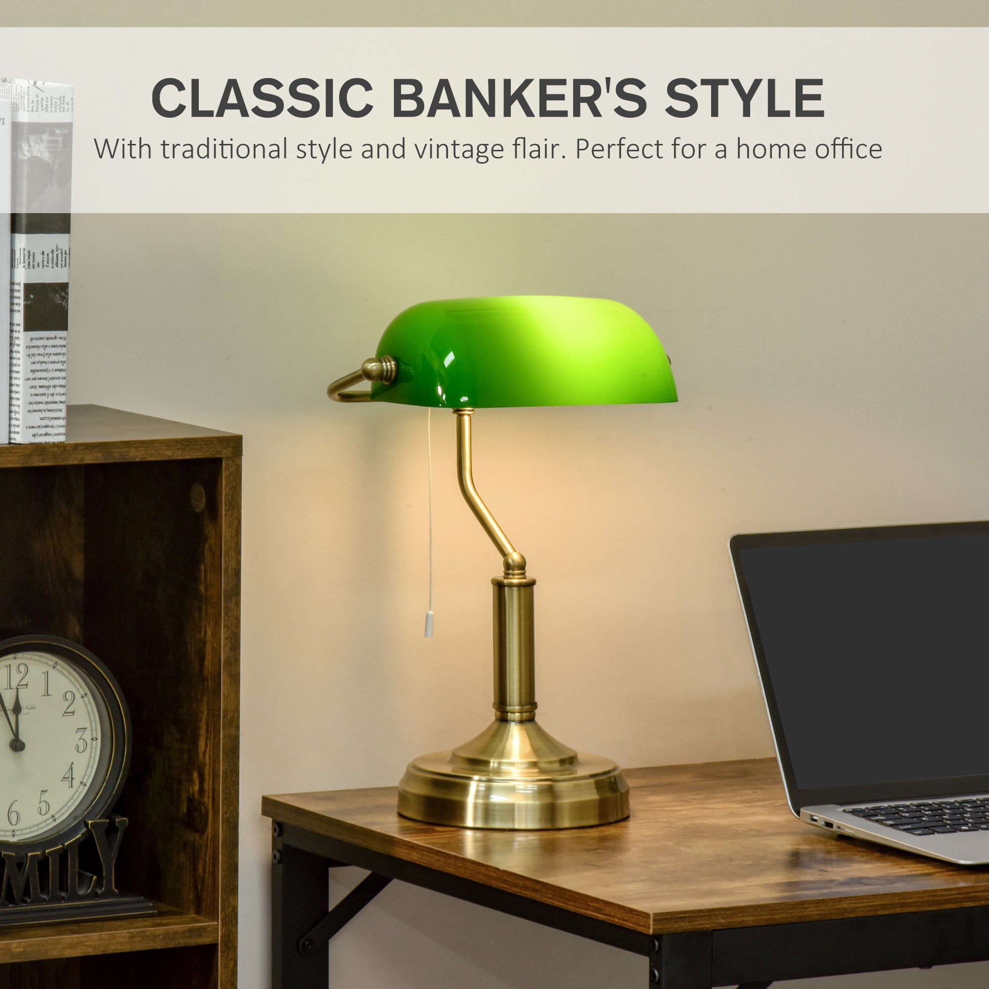 HOMCOM Banker's Table Lamps Set of 2, Desk Lamps with Antique Bronze Tone Base, Green Glass Shade and Pull Rope Switch for Home Office, Living Room, Bedroom, Dining Room, Green 