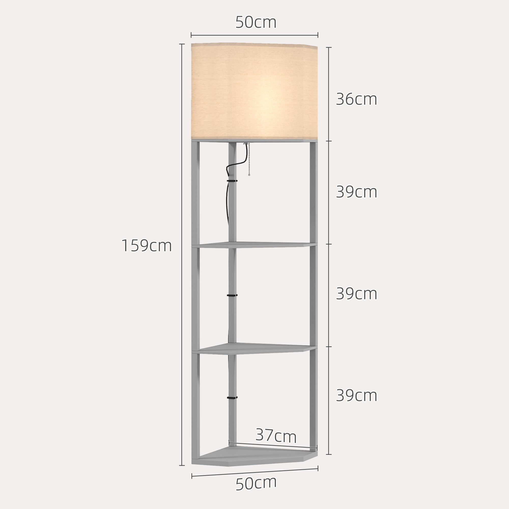 HOMCOM Corner Floor Lamp with Shelves, Tall Standing Lamps for Living Room, with Pull Chain Switch Bulb not Included, Grey