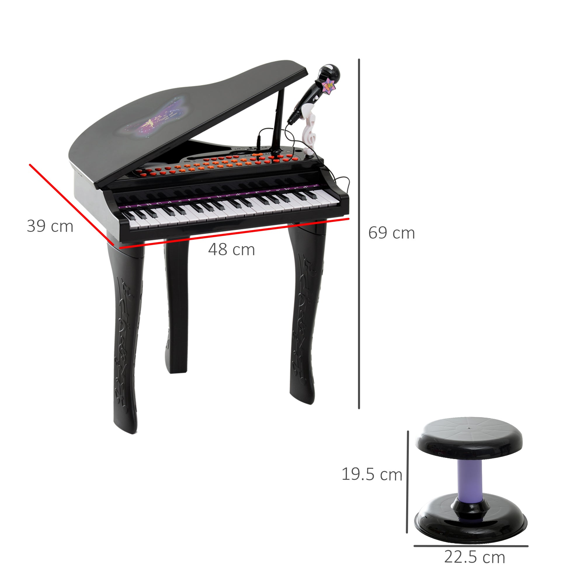 HOMCOM 37 Keys Kids Mini Electronic Keyboard Children Grand Piano with Stool Microphone Light Musical Instrument Educational Game Toy Set (Black) 