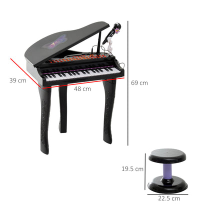 HOMCOM 37 Keys Kids Mini Electronic Keyboard Children Grand Piano with Stool Microphone Light Musical Instrument Educational Game Toy Set (Black) 