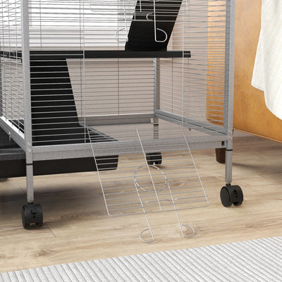 PawHut Small Animal Cage Pet Play House with Wheels Platforms Light Grey 