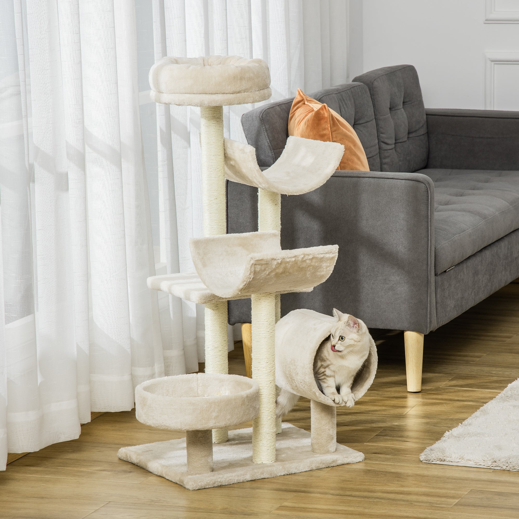 PawHut Cat Tree for Indoor Cats Kitten Pet Scratching Post Perch Activity Center Scratcher Climb Post Play House Arch with Tunnel 105cm Tall Beige 