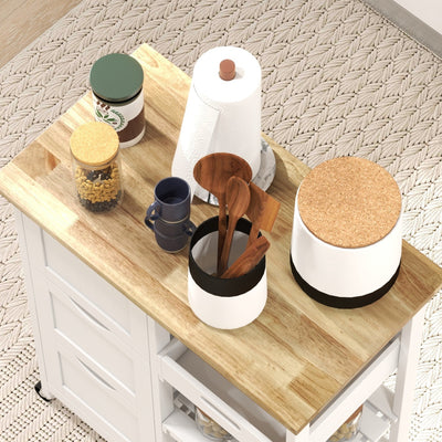 HOMCOM Rolling Kitchen Island Cart, Bar Serving Cart, Compact Trolley on Wheels with Wood Top, Shelves & Drawers for Home Dining Area, White 