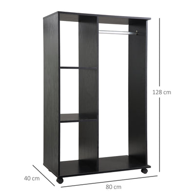 HOMCOM Open Wardrobe on Wheels, Bedroom Wardrobe with Clothes Hanging Rail, 3 Storage Shelves, Mobile Garment Rack for Cloakroom, Hallway, Black 